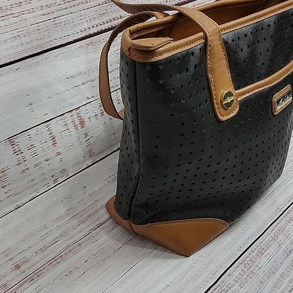 Marc Fisher Black Tan Perforated Vegan Leather Double Handle Handbag Purse - Picture 7 of 16